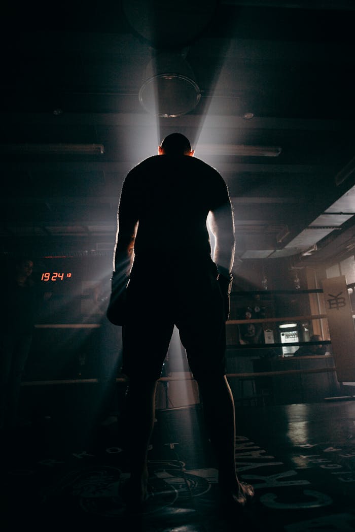 About Silhouette of a boxer in a gym, illuminated by dramatic beams of sunlight, creating a powerful visual impact.